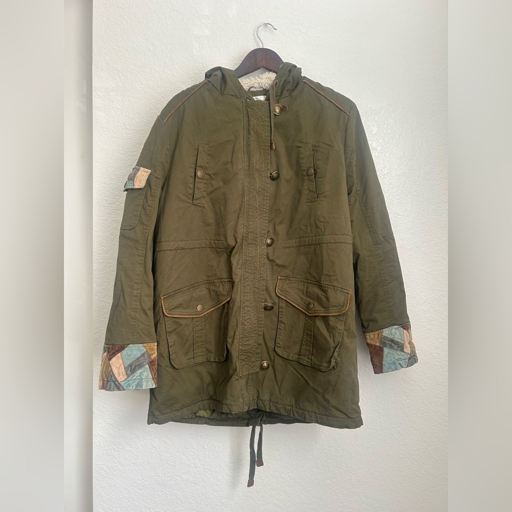 Boundless North Olive Patchwork Leather Trim XL Quilted Faux Fur Jacket Gorpcore